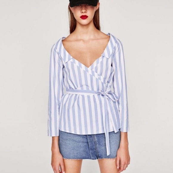 Zara v-neck Striped Long Sleeve Wrap Blouse Medium - Picture 1 of 6